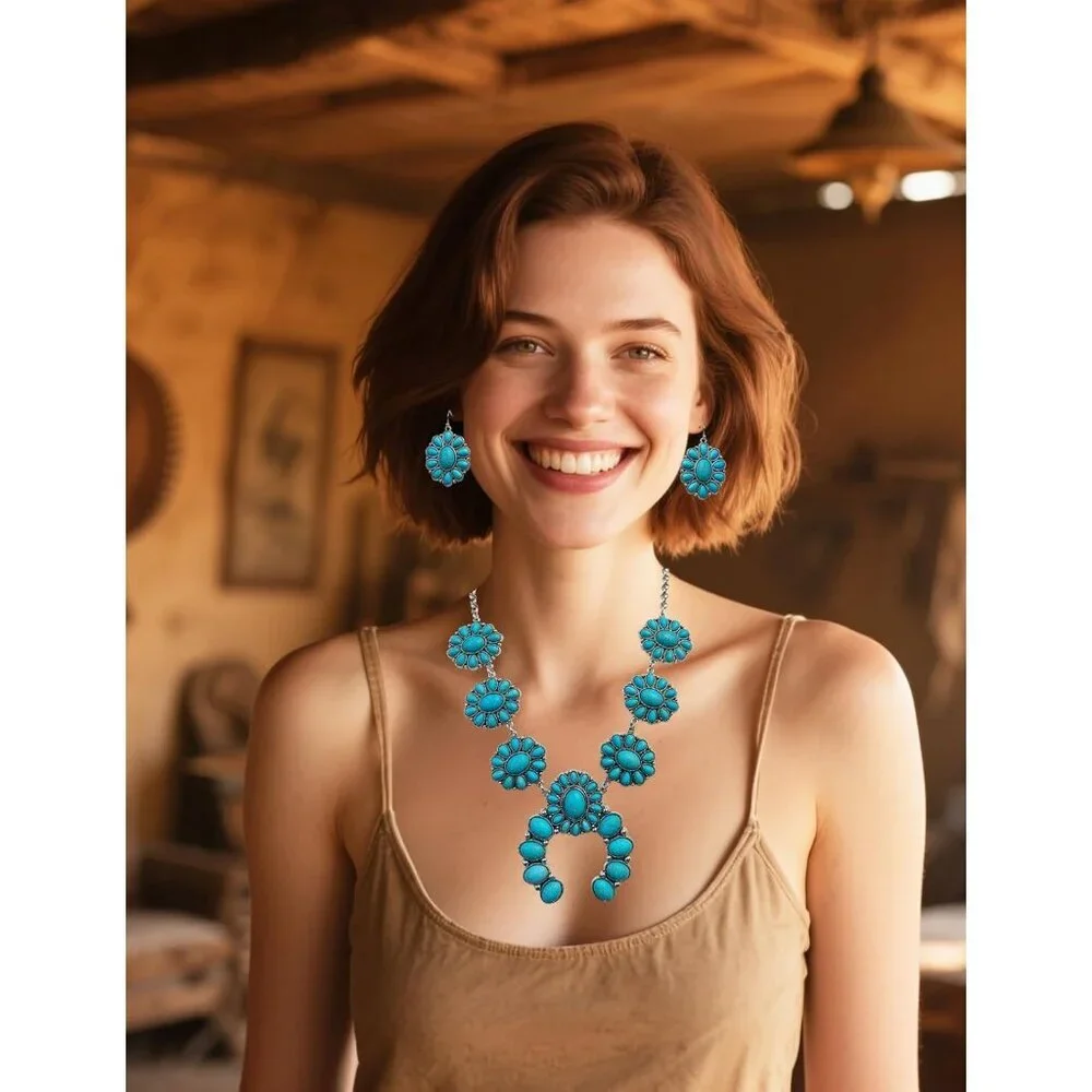 Chic Synthetic Turquoise Necklace with Matching Bohemian Earrings - Women's Set